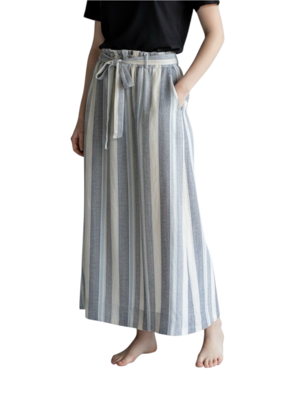 Splendid Linen Blend Sea Stripe Maxi Skirt Elastic Waist Tie Belt Pockets Medium